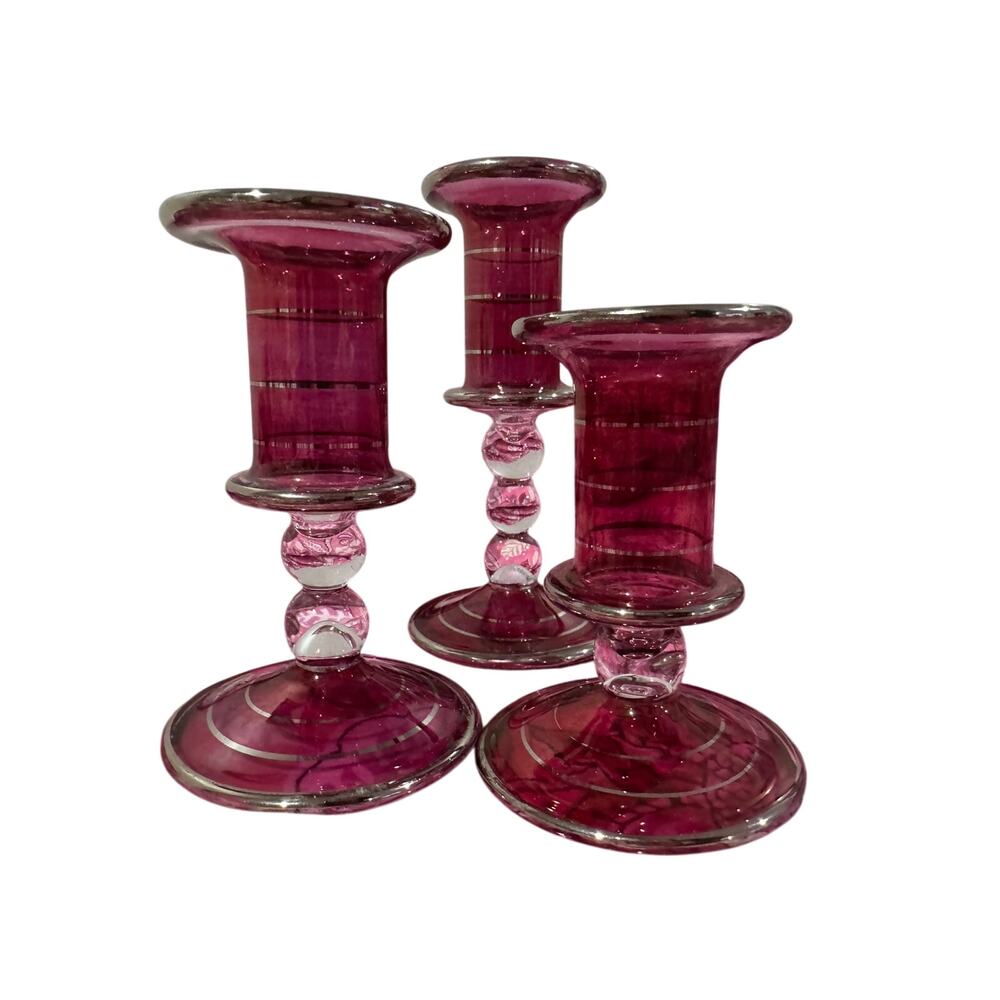 Cranberry Glass Candleholders Set of 3